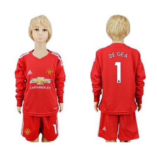 Manchester United #1 De Gea Red Goalkeeper Long Sleeves Kid Soccer Club Jersey