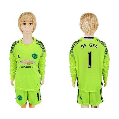 Manchester United #1 De Gea Shiny Green Goalkeeper Long Sleeves Kid Soccer Club Jersey