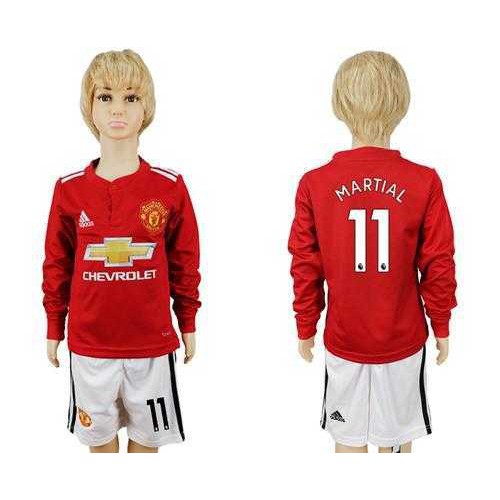 Manchester United #11 Martial Home Long Sleeves Kid Soccer Club Jersey