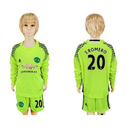 Manchester United #20 S.Romero Shiny Green Goalkeeper Long Sleeves Kid Soccer Club Jersey