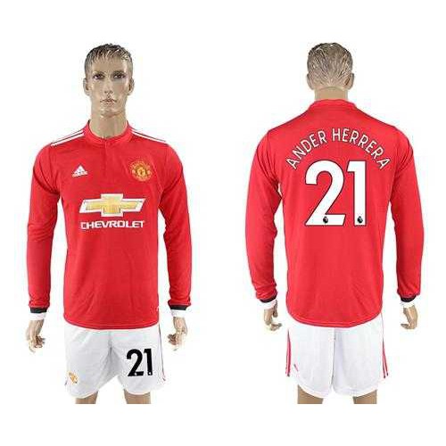 Manchester United #21 Ander Herrera Red Home Long Sleeves Soccer Club Jersey
