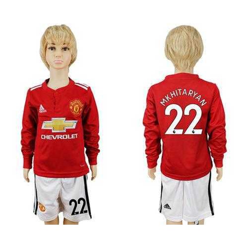 Manchester United #22 Mkhitaryan Home Long Sleeves Kid Soccer Club Jersey