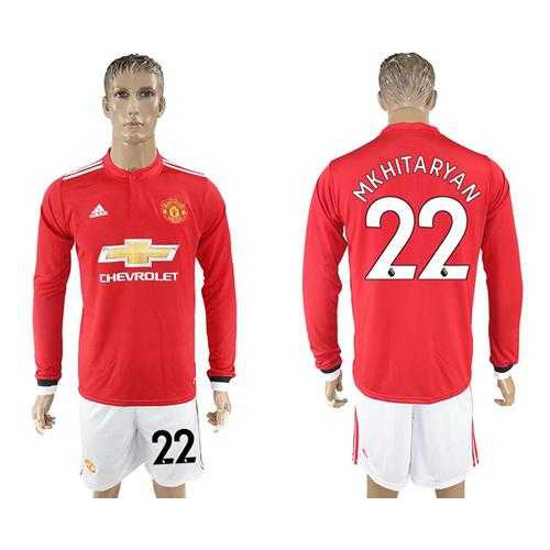 Manchester United #22 Mkhitaryan Red Home Long Sleeves Soccer Club Jersey