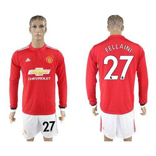 Manchester United #27 Fellaini Red Home Long Sleeves Soccer Club Jersey