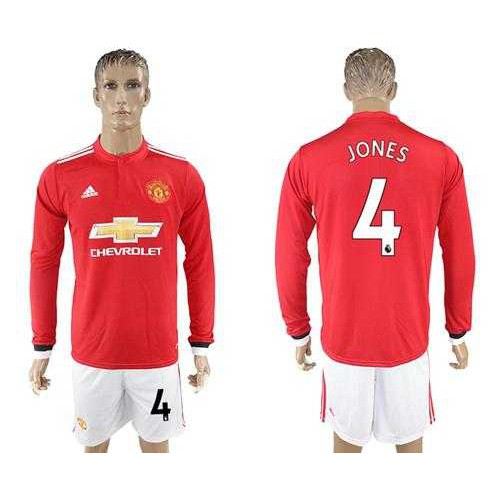 Manchester United #4 Jones Red Home Long Sleeves Soccer Club Jersey