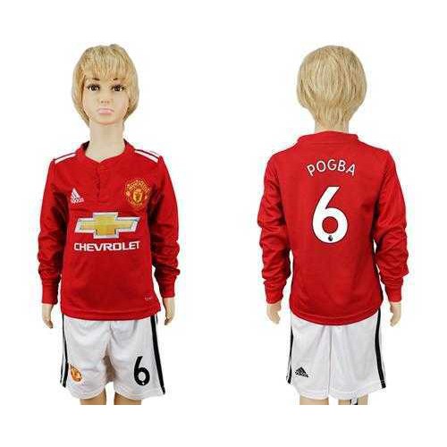 Manchester United #6 Pogba Home Long Sleeves Kid Soccer Club Jersey