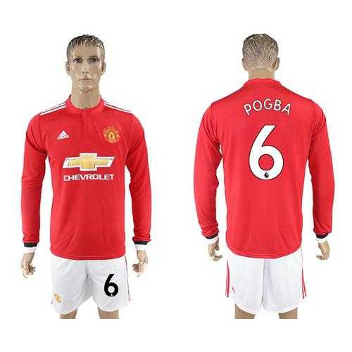 Manchester United #6 Pogba Red Home Long Sleeves Soccer Club Jersey