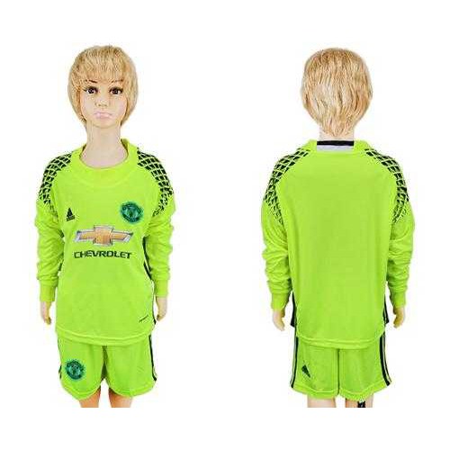 Manchester United Blank Shiny Green Goalkeeper Long Sleeves Kid Soccer Club Jersey