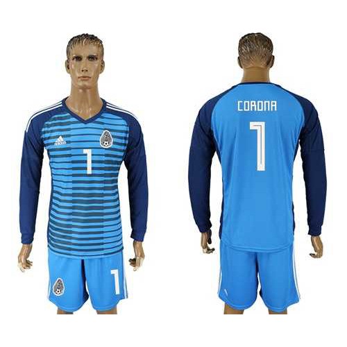 Mexico No1 Corona Blue Long Sleeves Goalkeeper Soccer Country Jersey