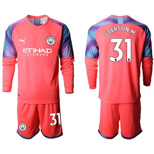 Manchester City #31 Ederson M. Pink Goalkeeper Long Sleeves Soccer Club Jersey