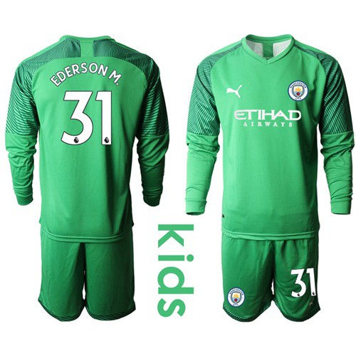 Manchester City #31 Ederson M. Green Goalkeeper Long Sleeves Kid Soccer Club Jersey