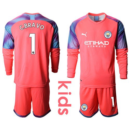 Manchester City #1 C.Bravo Pink Goalkeeper Long Sleeves Kid Soccer Club Jersey