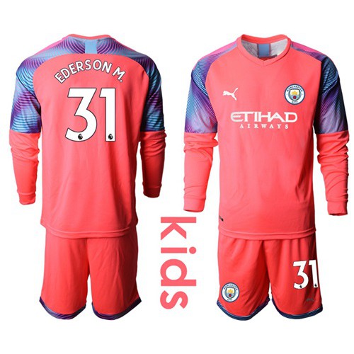 Manchester City #31 Ederson M. Pink Goalkeeper Long Sleeves Kid Soccer Club Jersey