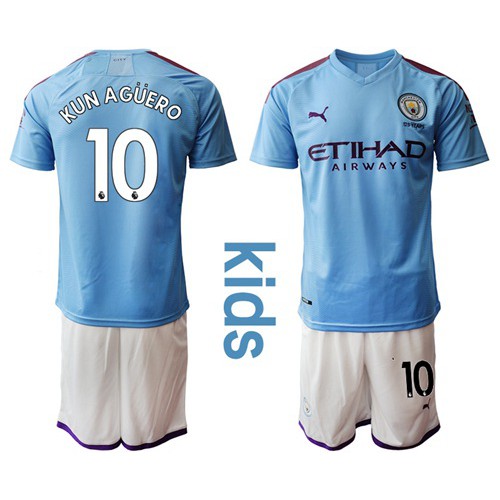 Manchester City #10 Kun Aguero Home Kid Soccer Club Jersey