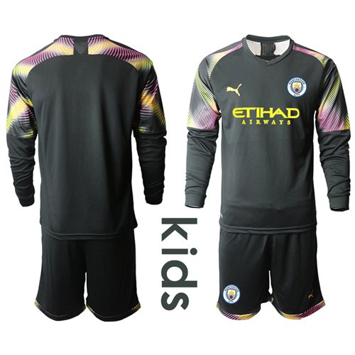 Manchester City Blank Black Goalkeeper Long Sleeves Kid Soccer Club Jersey