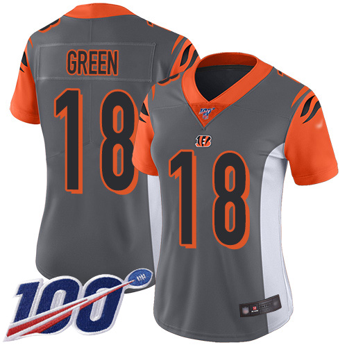 Nike Cincinnati Bengals #18 A.J. Green Silver Women’s Stitched NFL Limited Inverted Legend 100th Season Jersey