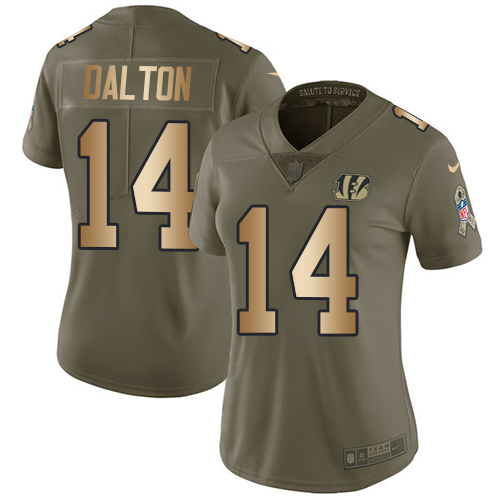 Nike Cincinnati Bengals #14 Andy Dalton Olive/Gold Women’s Stitched NFL Limited 2017 Salute to Service Jersey
