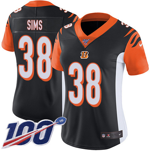 Nike Cincinnati Bengals #38 LeShaun Sims Black Team Color Women’s Stitched NFL 100th Season Vapor Untouchable Limited Jersey