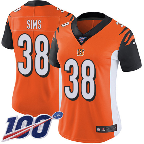 Nike Cincinnati Bengals #38 LeShaun Sims Orange Alternate Women’s Stitched NFL 100th Season Vapor Untouchable Limited Jersey