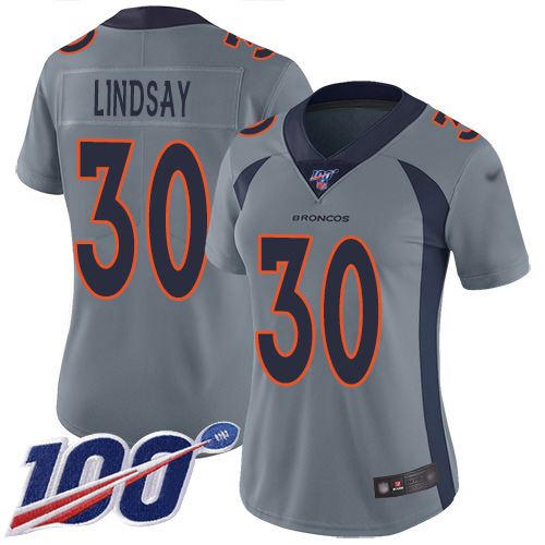 Nike Denver Broncos #30 Phillip Lindsay Gray Women’s Stitched NFL Limited Inverted Legend 100th Season Jersey