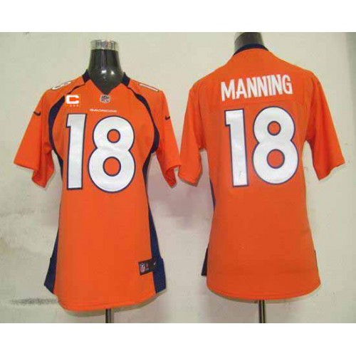 Nike Denver Broncos #18 Peyton Manning Orange Team Color With C Patch Women’s Stitched NFL Elite Jersey