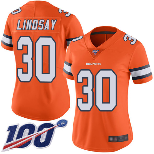 Nike Denver Broncos #30 Phillip Lindsay Orange Women’s Stitched NFL Limited Rush 100th Season Jersey