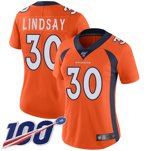 Nike Denver Broncos #30 Phillip Lindsay Orange Team Color Women’s Stitched NFL 100th Season Vapor Limited Jersey