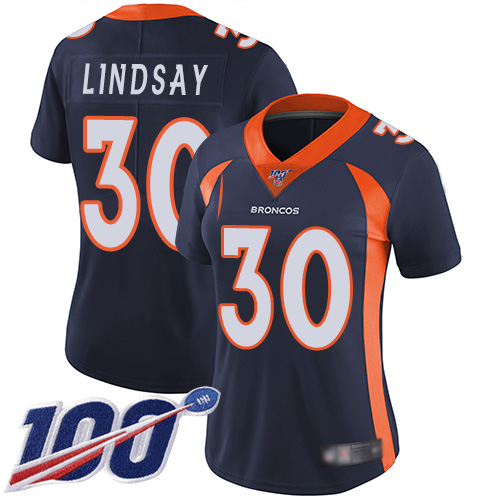 Nike Denver Broncos #30 Phillip Lindsay Navy Blue Alternate Women’s Stitched NFL 100th Season Vapor Limited Jersey