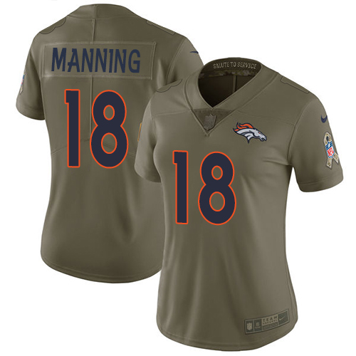 Nike Denver Broncos #18 Peyton Manning Olive Women’s Stitched NFL Limited 2017 Salute to Service Jersey