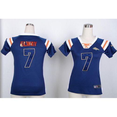 Nike Denver Broncos #7 John Elway Navy Blue Women’s Stitched NFL Elite Draft Him Shimmer Jersey