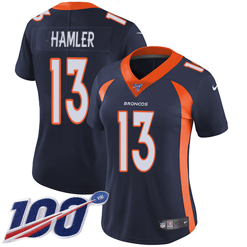 Nike Denver Broncos #13 KJ Hamler Navy Blue Alternate Women’s Stitched NFL 100th Season Vapor Untouchable Limited Jersey