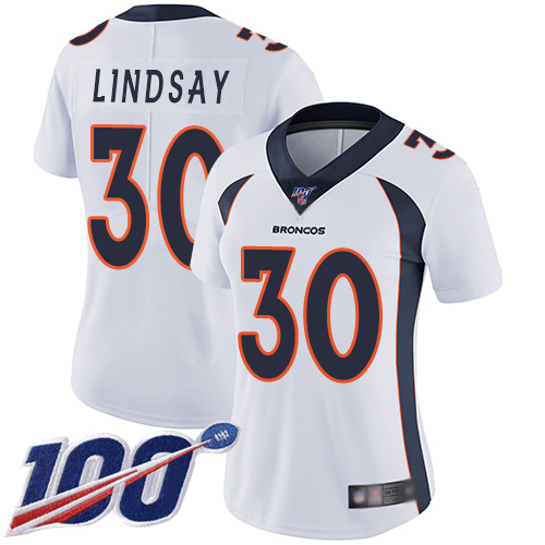Nike Denver Broncos #30 Phillip Lindsay White Women’s Stitched NFL 100th Season Vapor Limited Jersey
