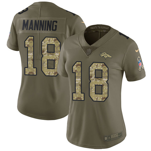 Nike Denver Broncos #18 Peyton Manning Olive/Camo Women’s Stitched NFL Limited 2017 Salute to Service Jersey