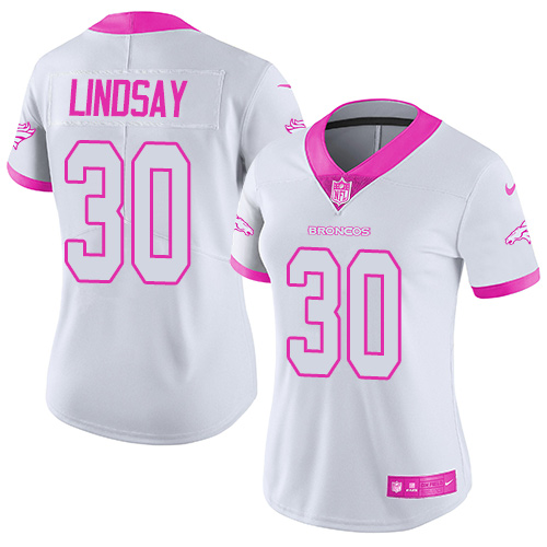 Nike Denver Broncos #30 Phillip Lindsay White/Pink Women’s Stitched NFL Limited Rush Fashion Jersey