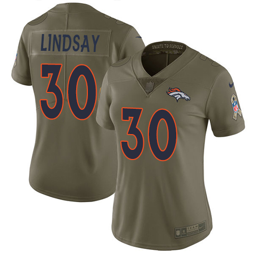 Nike Denver Broncos #30 Phillip Lindsay Olive Women’s Stitched NFL Limited 2017 Salute to Service Jersey