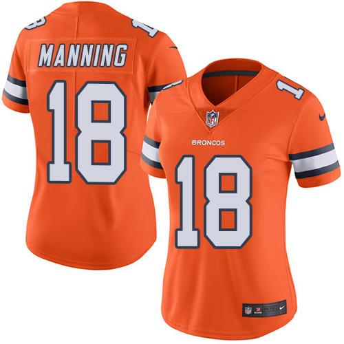 Nike Denver Broncos #18 Peyton Manning Orange Women’s Stitched NFL Limited Rush Jersey