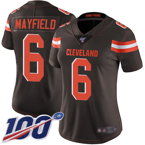 Nike Cleveland Browns #6 Baker Mayfield Brown Team Color Women’s Stitched NFL 100th Season Vapor Limited Jersey