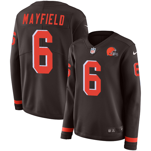 Nike Cleveland Browns #6 Baker Mayfield Brown Team Color Women’s Stitched NFL Limited Therma Long Sleeve Jersey
