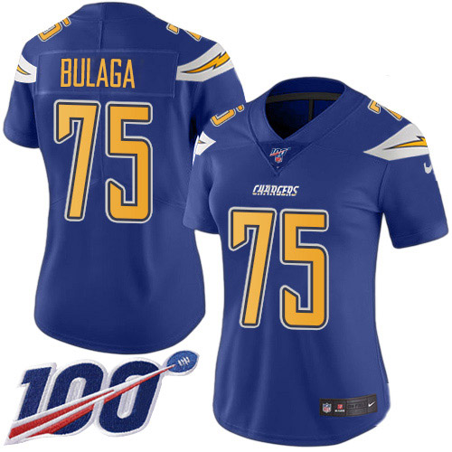 Nike Los Angeles Chargers #75 Bryan Bulaga Electric Blue Women’s Stitched NFL Limited Rush 100th Season Jersey