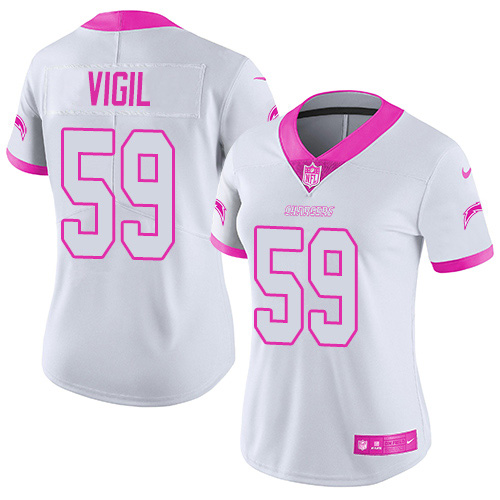 Nike Los Angeles Chargers #59 Nick Vigil White/Pink Women’s Stitched NFL Limited Rush Fashion Jersey