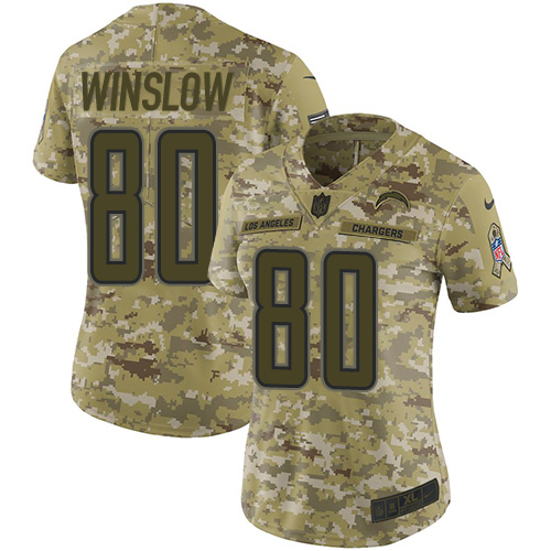 Nike Los Angeles Chargers #80 Kellen Winslow Camo Women’s Stitched NFL Limited 2018 Salute to Service Jersey