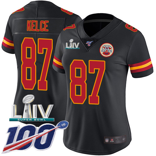 Nike Kansas City Chiefs #87 Travis Kelce Black Super Bowl LIV 2020 Women’s Stitched NFL Limited Rush 100th Season Jersey