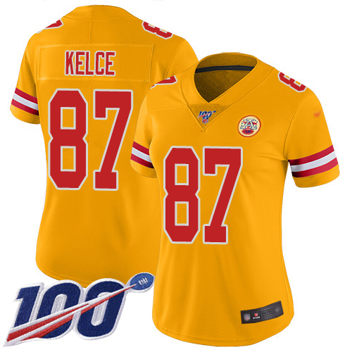 Nike Kansas City Chiefs #87 Travis Kelce Gold Women’s Stitched NFL Limited Inverted Legend 100th Season Jersey