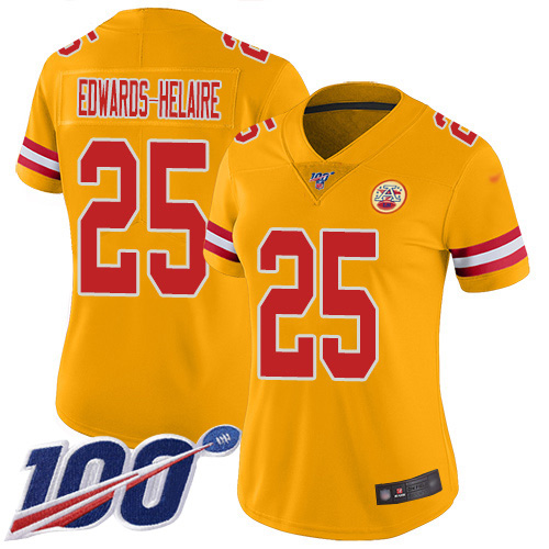 Nike Kansas City Chiefs #25 Clyde Edwards-Helaire Gold Women’s Stitched NFL Limited Inverted Legend 100th Season Jersey