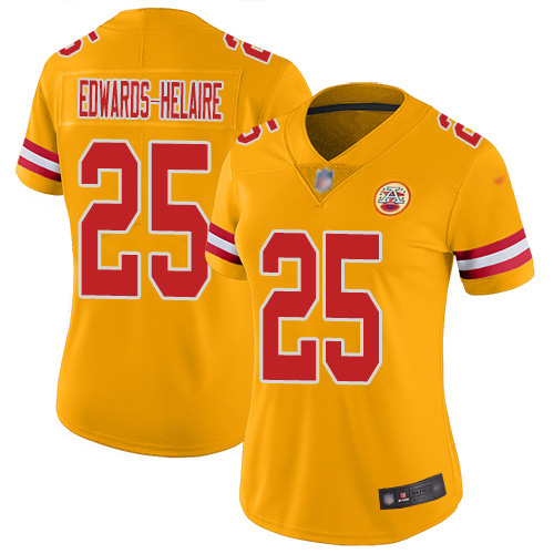 Nike Kansas City Chiefs #25 Clyde Edwards-Helaire Gold Women’s Stitched NFL Limited Inverted Legend Jersey