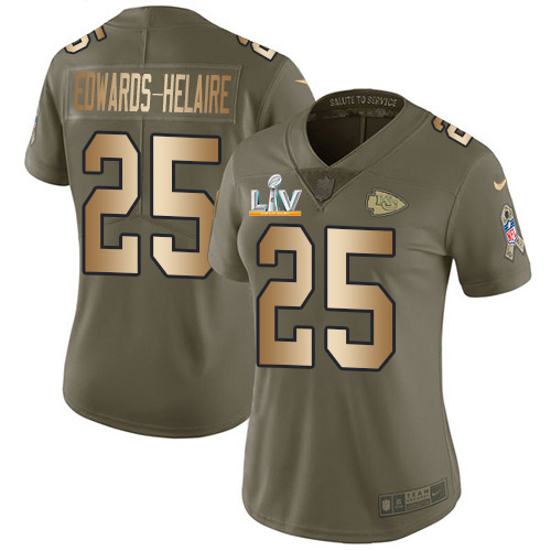 Nike Kansas City Chiefs #25 Clyde Edwards-Helaire Olive/Gold Women’s Super Bowl LV Bound Stitched NFL Limited 2017 Salute To Service Jersey