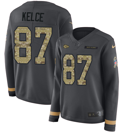 Nike Kansas City Chiefs #87 Travis Kelce Anthracite Salute to Service Women’s Stitched NFL Limited Therma Long Sleeve Jersey