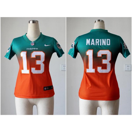 Nike Miami Dolphins #13 Dan Marino Aqua Green/Orange Women’s Stitched NFL Elite Fadeaway Fashion Jersey