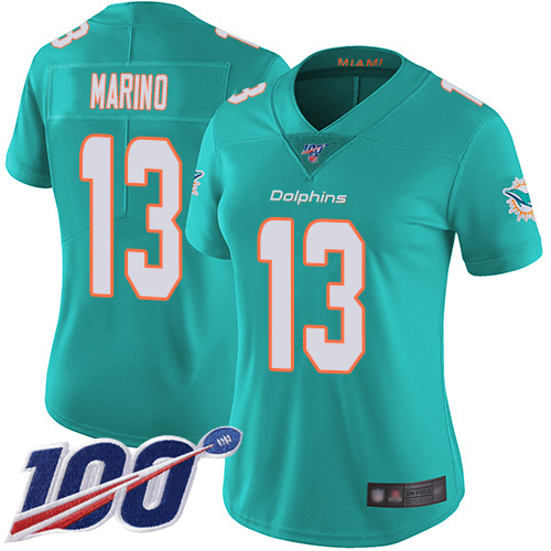 Nike Miami Dolphins #13 Dan Marino Aqua Green Team Color Women’s Stitched NFL 100th Season Vapor Limited Jersey