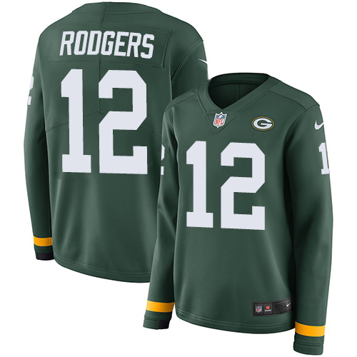 Nike Green Bay Packers #12 Aaron Rodgers Green Team Color Women’s Stitched NFL Limited Therma Long Sleeve Jersey